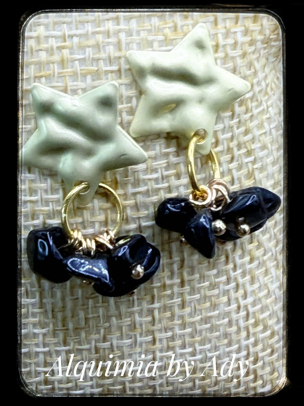 Vintage dangle Black onyx gold earrings + Celestial